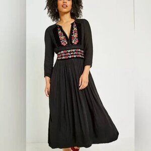 FREE PEOPLE Black Velvet Boho Flora Embroidered Floral Midi Dress XS